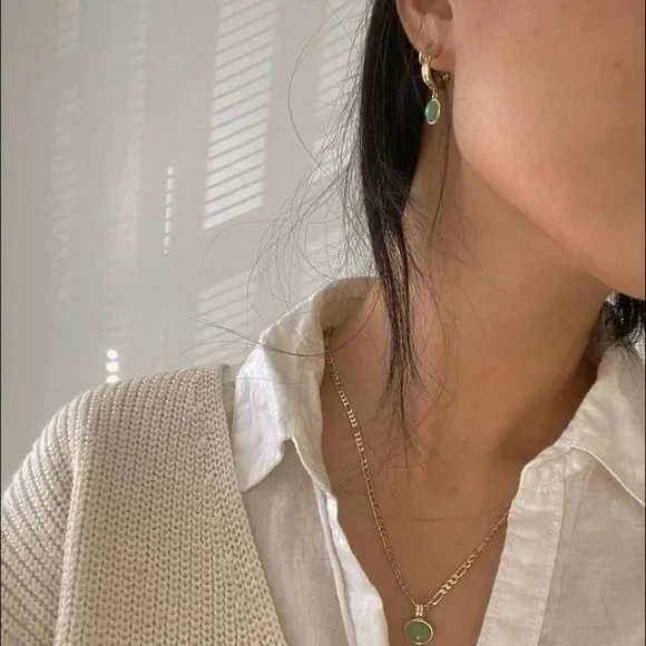 18K Gold Plated Natural Averturine Drop Earrings - Picture 5 of 10